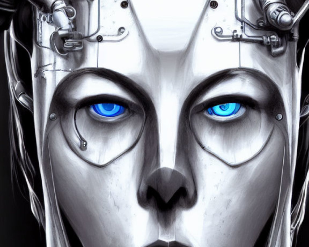 Detailed humanoid robot illustration with exposed mechanical parts and blue eyes