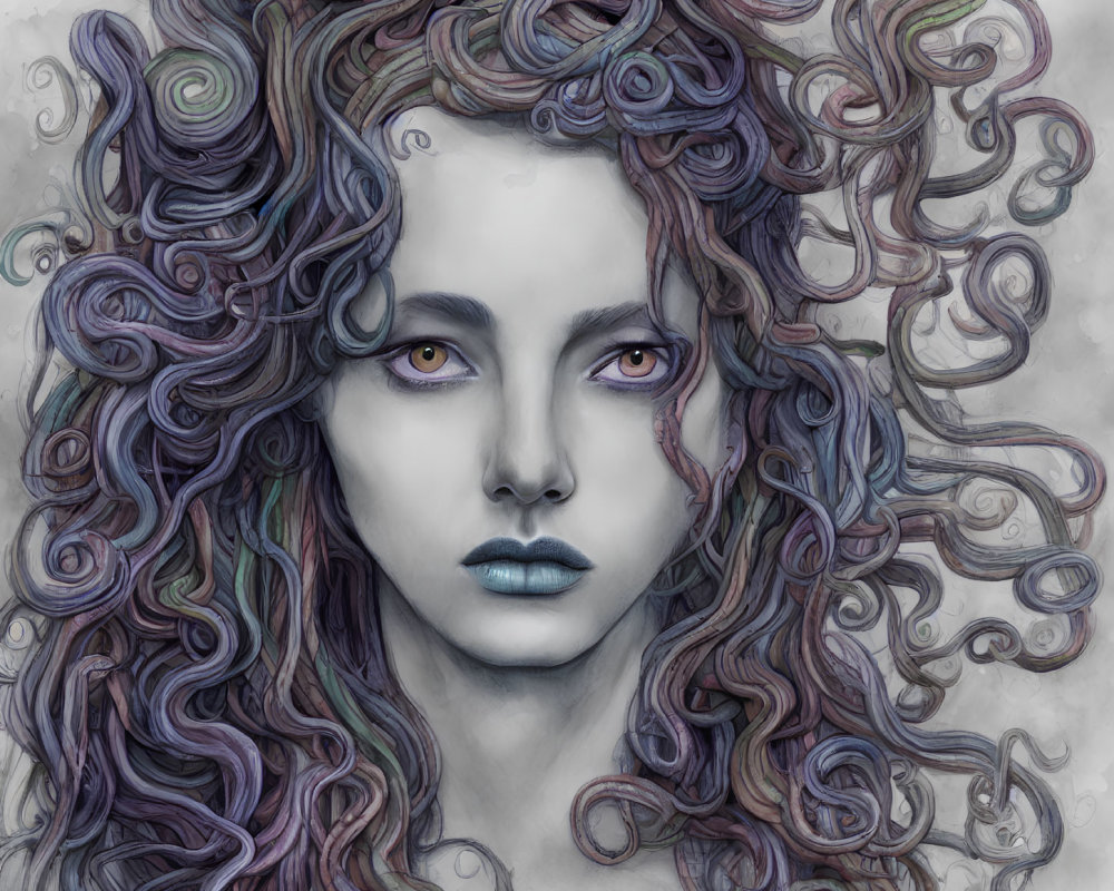 Voluminous multicolored curly hair on woman with yellow eyes and blue lips