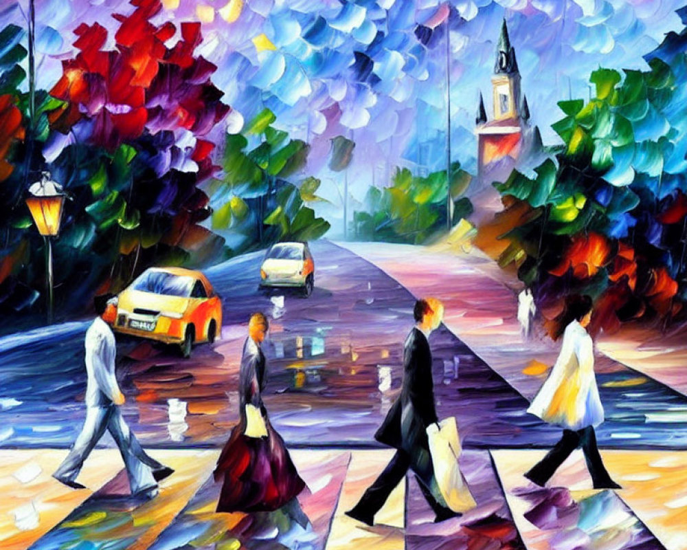 Vibrant Impressionist Painting of People Crossing Street and Church