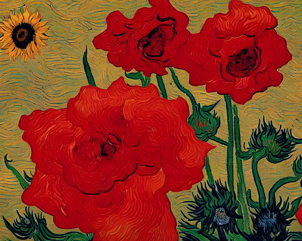 Red poppies and sunflower painting on textured yellow background