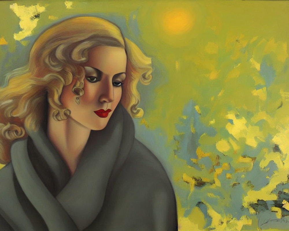Stylized painting of woman with blonde curly hair and red lipstick