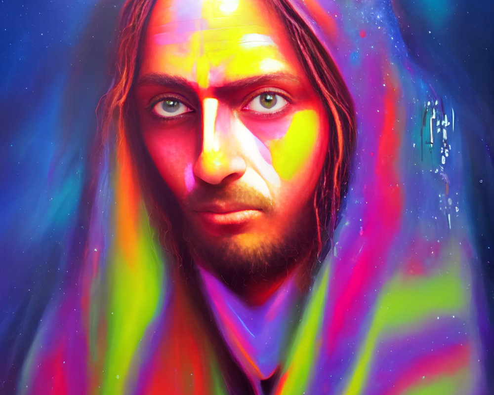 Colorful portrait of a man with rainbow blending into his face against cosmic backdrop