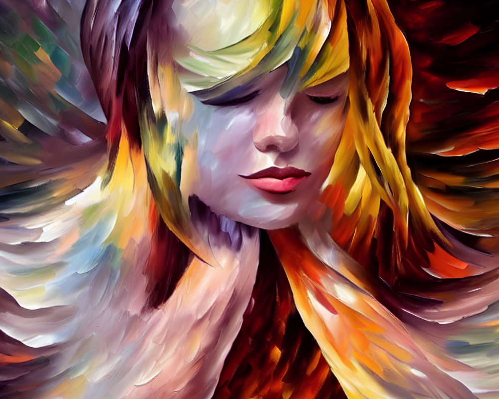 Colorful Abstract Painting of Woman with Flowing Hair and Feathers