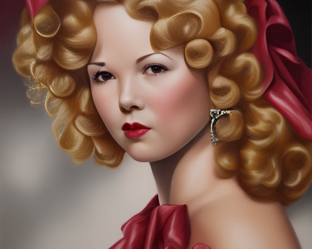 Woman with Voluminous Golden Curls and Red Ribbon Accents in Ruffled Garment