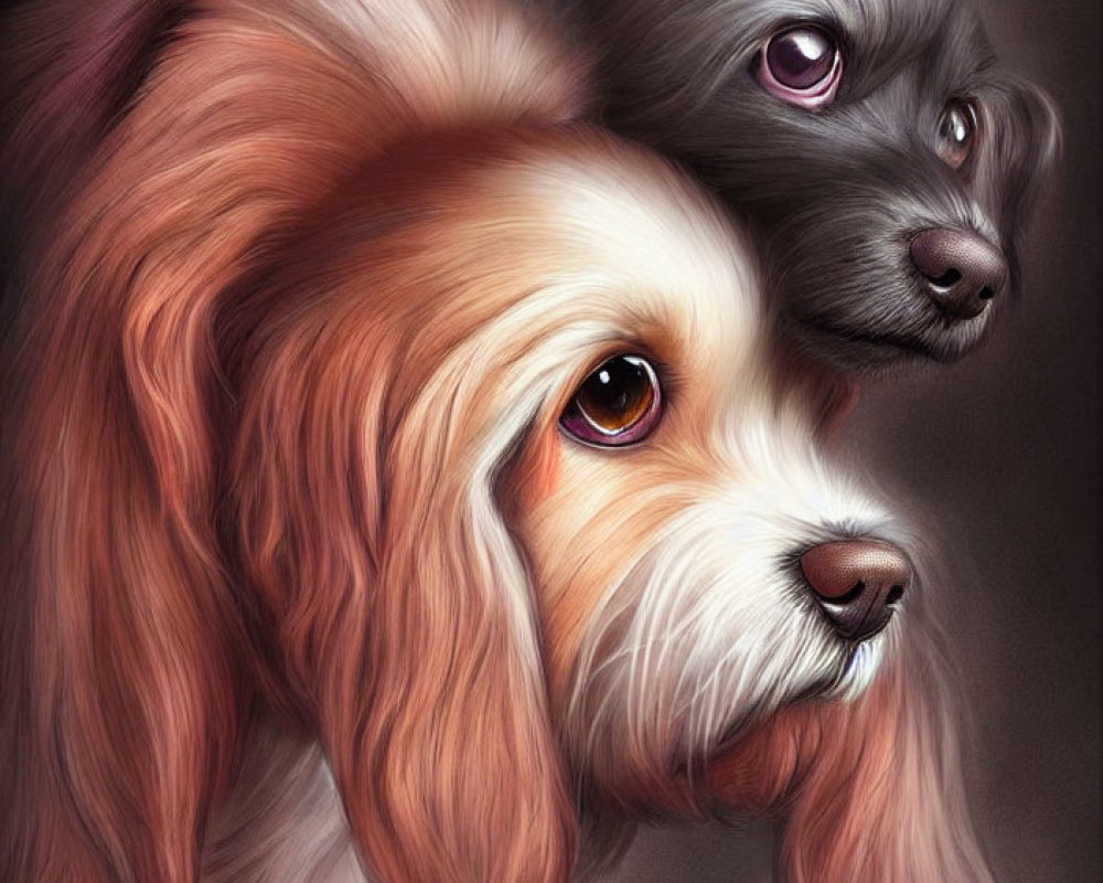 Stylized illustration of two expressive dogs with cream and gray fur
