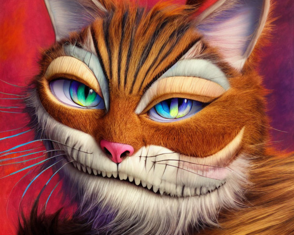 Whimsical cat illustration with vivid blue eyes and mischievous grin
