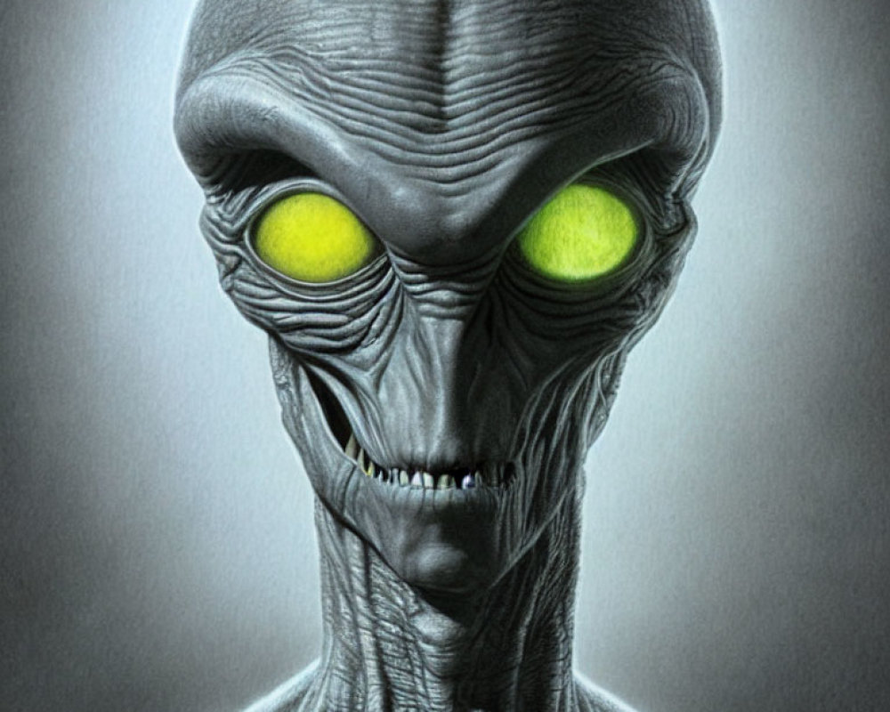 Alien digital artwork with green-yellow eyes and grey skin