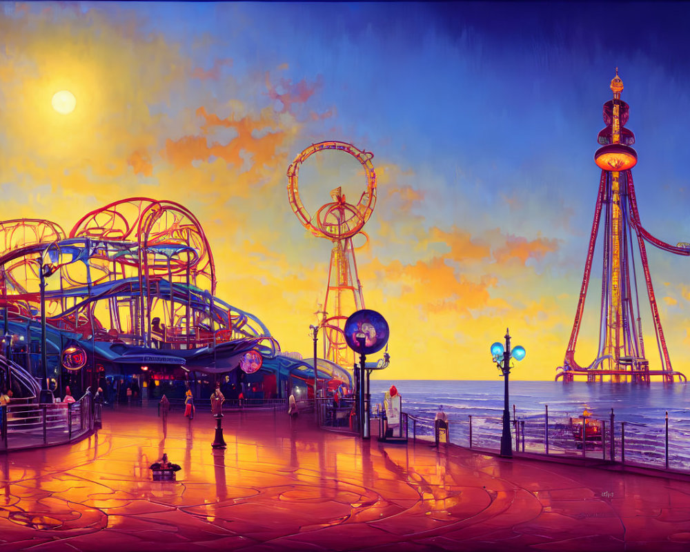 Seaside amusement park with roller coasters and Ferris wheel at sunset