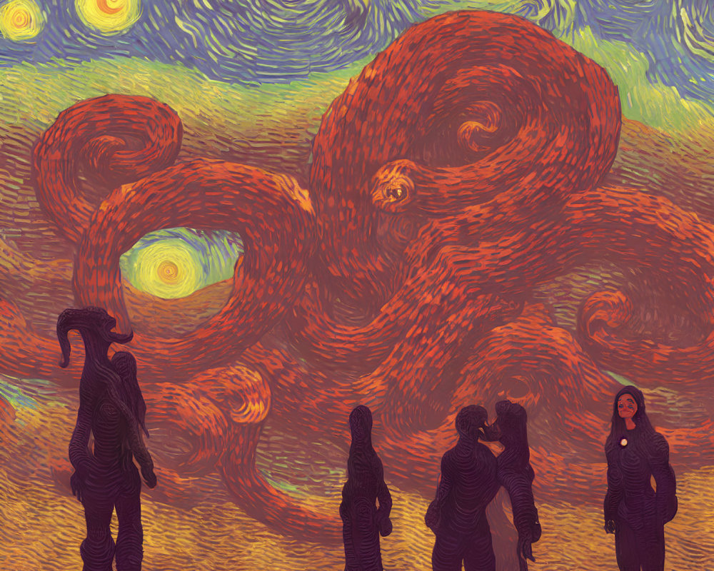 Illustration of people observing giant octopus in "Starry Night" inspired setting