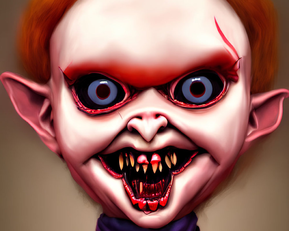 Cartoonish vampire child with pointed ears, red eyes, fangs, and purple shirt.