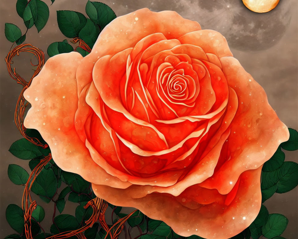 Digital artwork of oversized red rose against hazy sky with moon