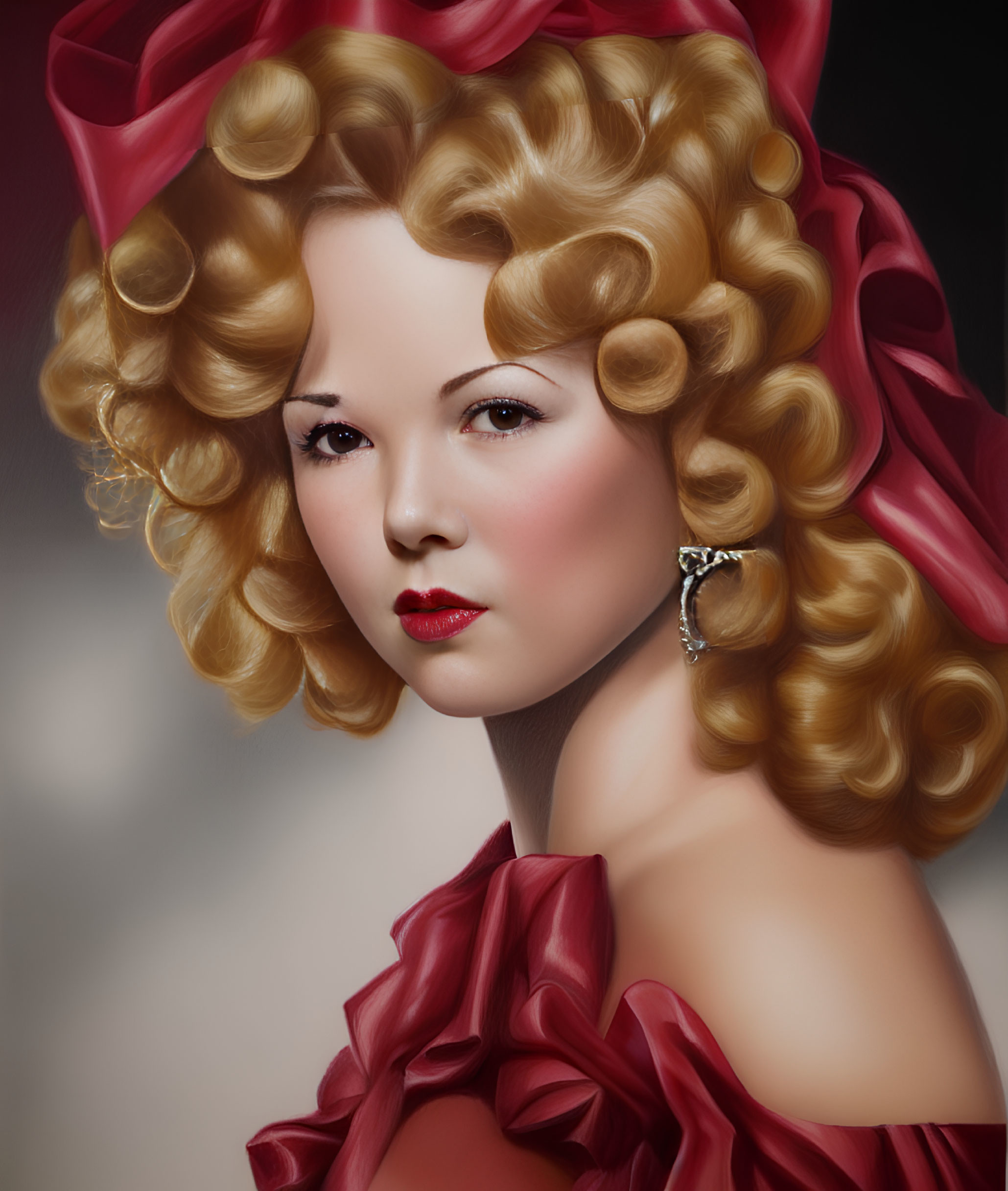 Woman with Voluminous Golden Curls and Red Ribbon Accents in Ruffled Garment