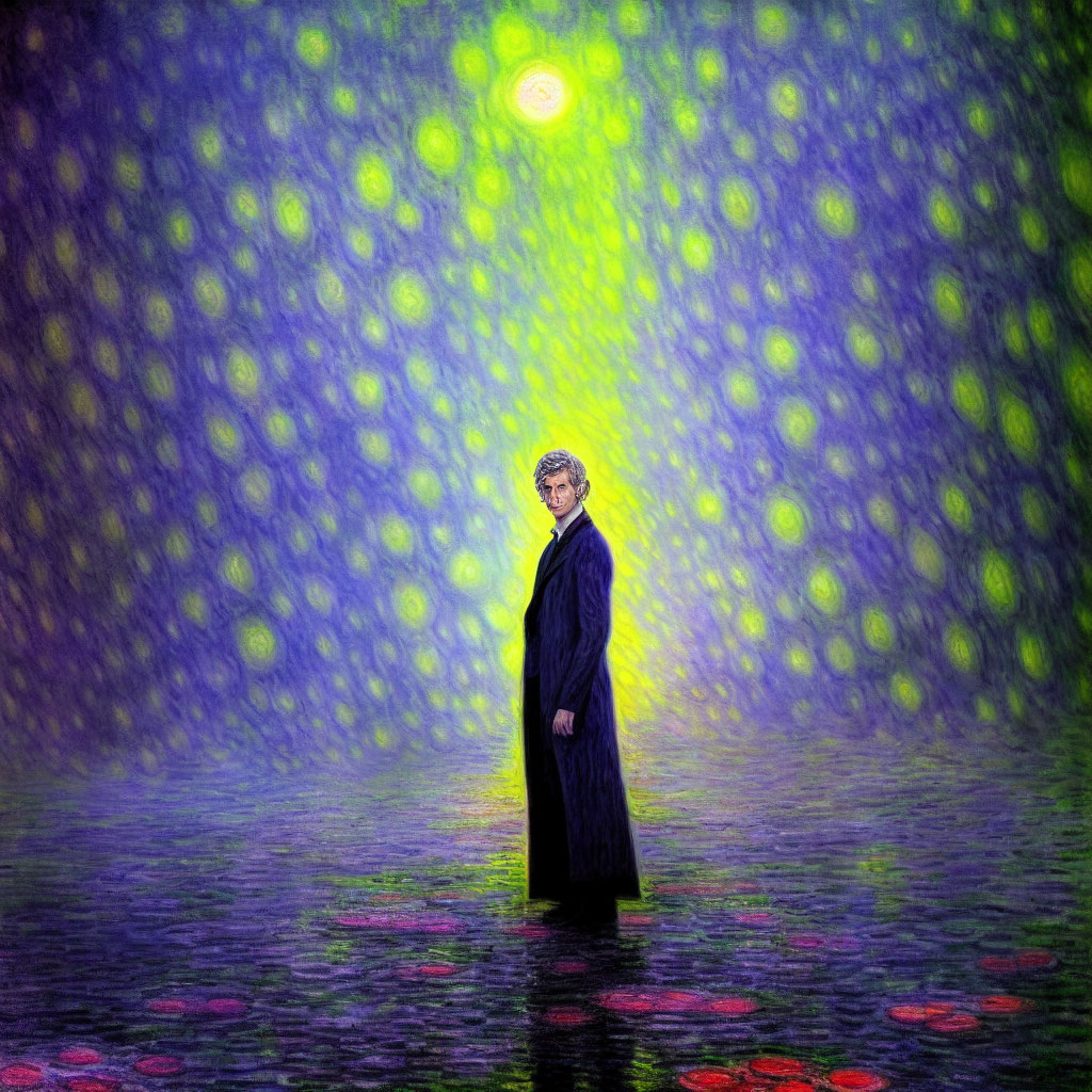 Person standing on water under vibrant sky with glowing orb and colorful circles.