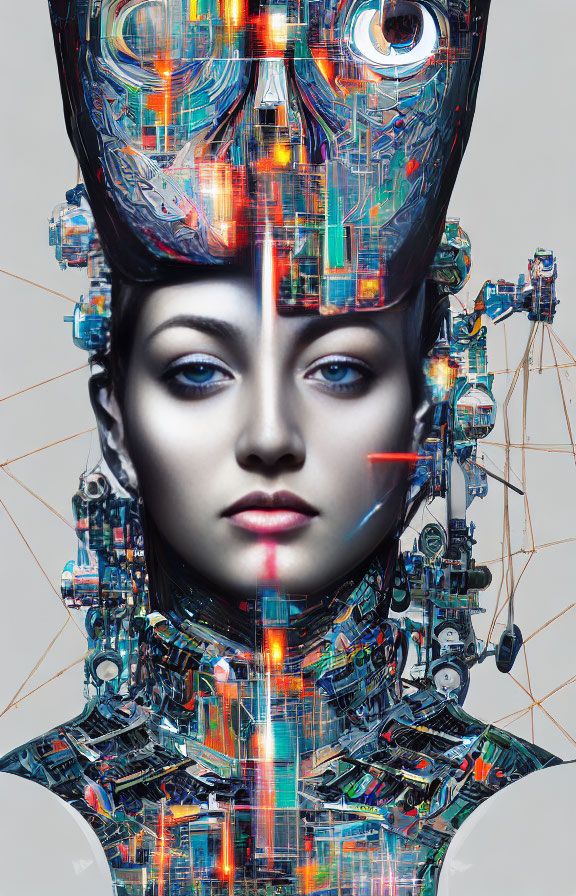 Colorful digital artwork of female figure with mechanical head and neck.