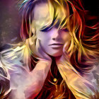 Colorful Abstract Painting of Woman with Flowing Hair and Feathers