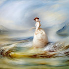 Woman in white dress standing on shore with dramatic skies and wind-blown hair
