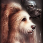 Stylized illustration of two expressive dogs with cream and gray fur