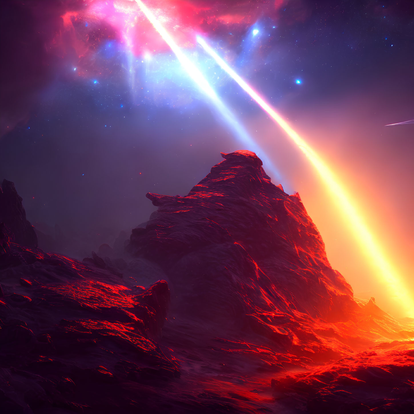 Vivid Sci-Fi Landscape: Glowing Red Terrain, Dramatic Sky, Cosmic Event