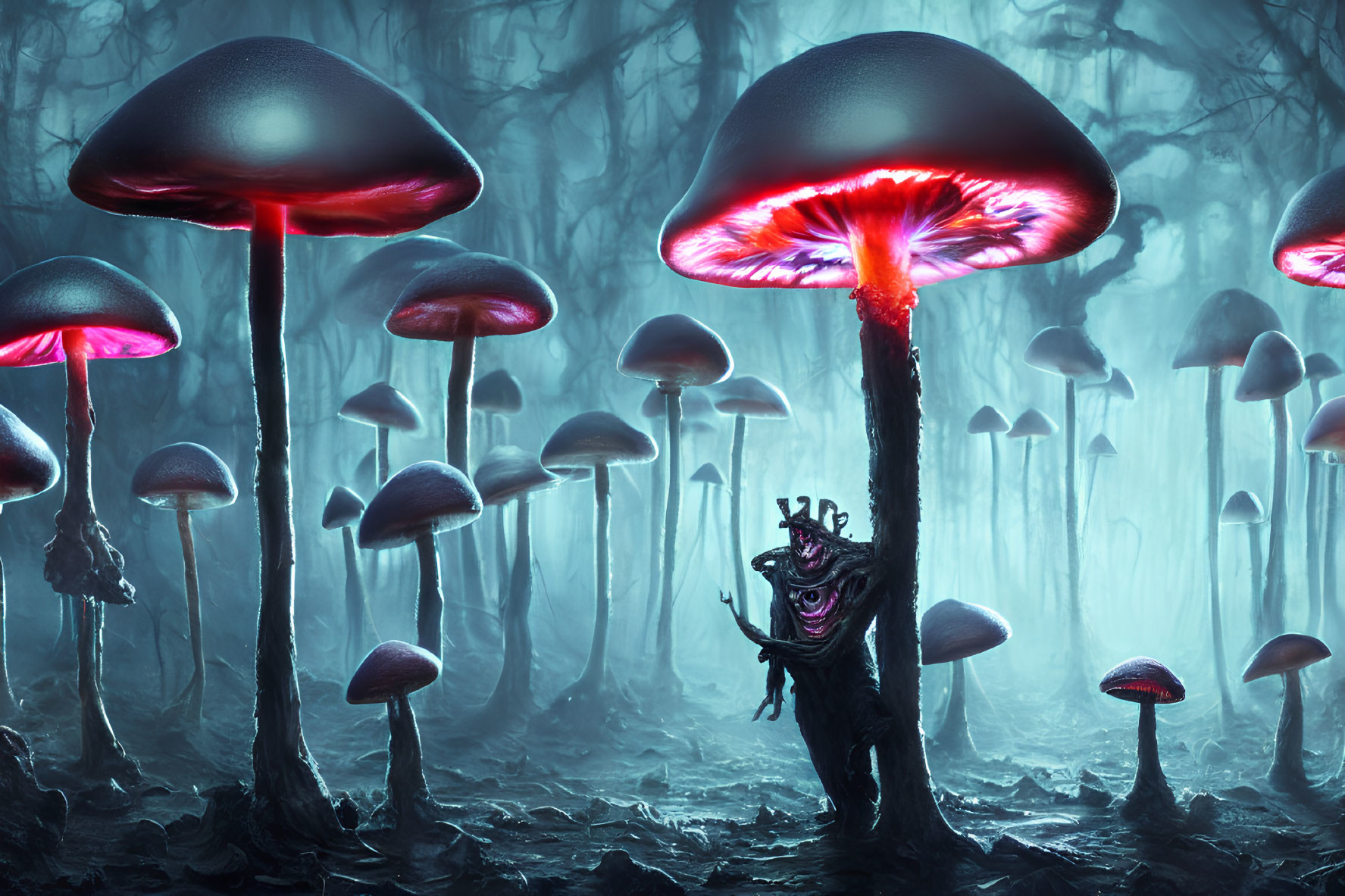Enchanted forest with oversized glowing mushrooms and whimsical creature