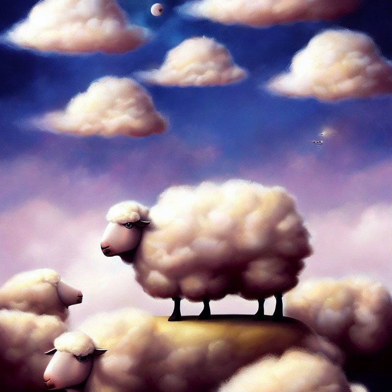 Whimsical painting of sheep blending with cotton-like clouds