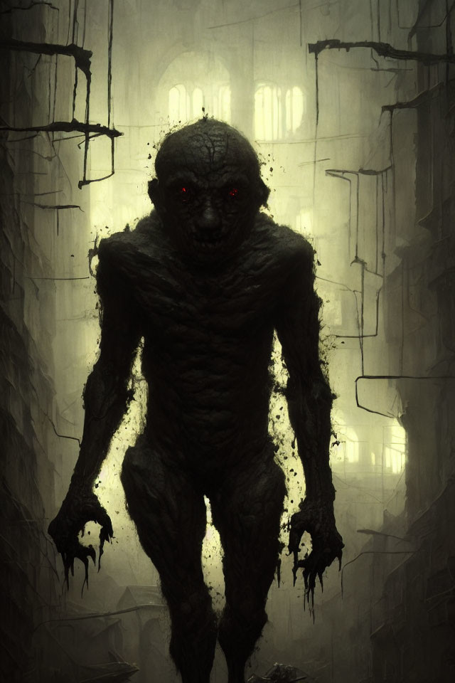 Sinister humanoid figure with glowing red eyes in eerie Gothic setting