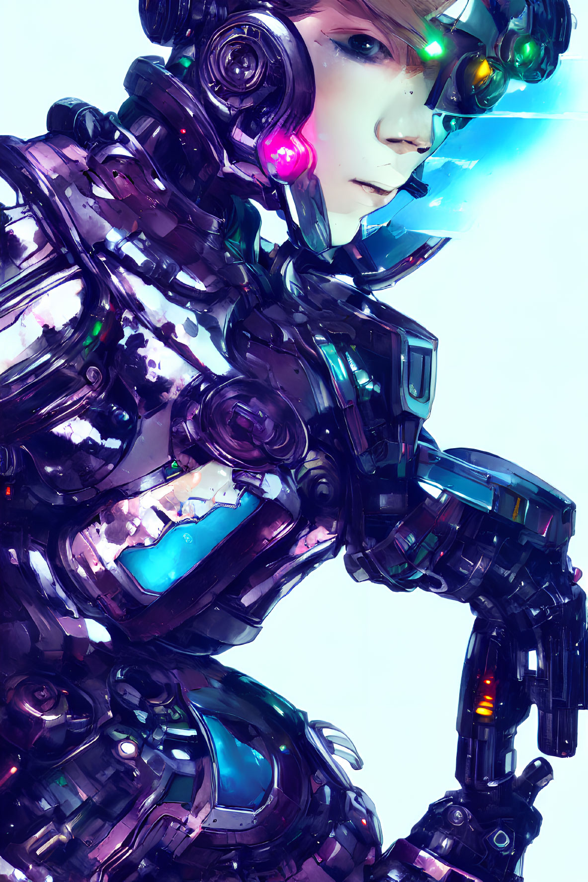 Detailed Female Cyborg in Advanced Mechanical Suit and Glowing Elements