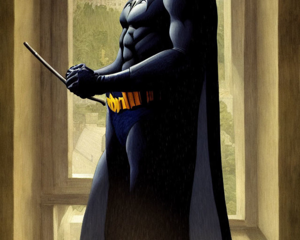 Brooding Batman with Batarang in Gothic Cityscape