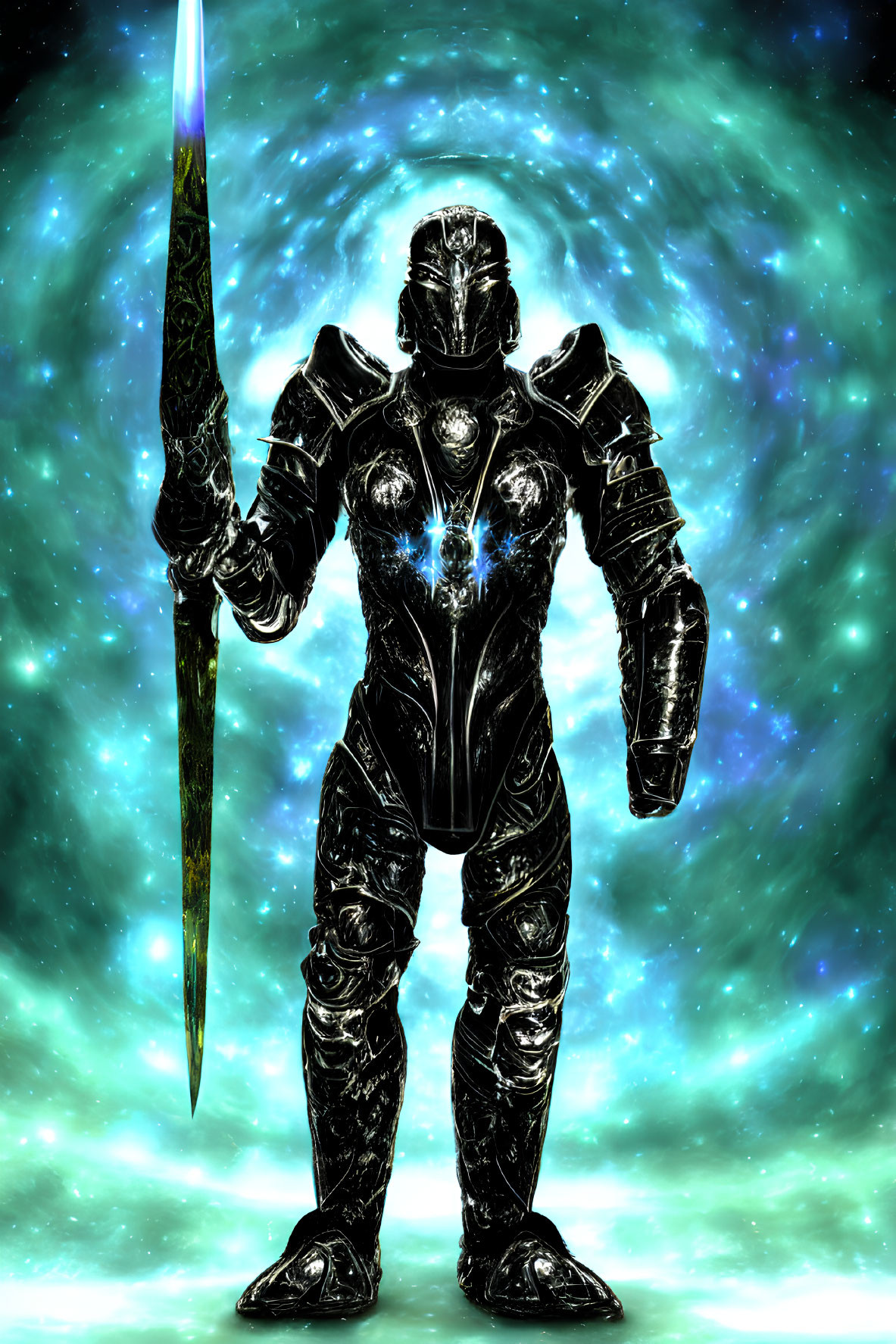 Elaborate dark armor figure with glowing sword on cosmic green backdrop