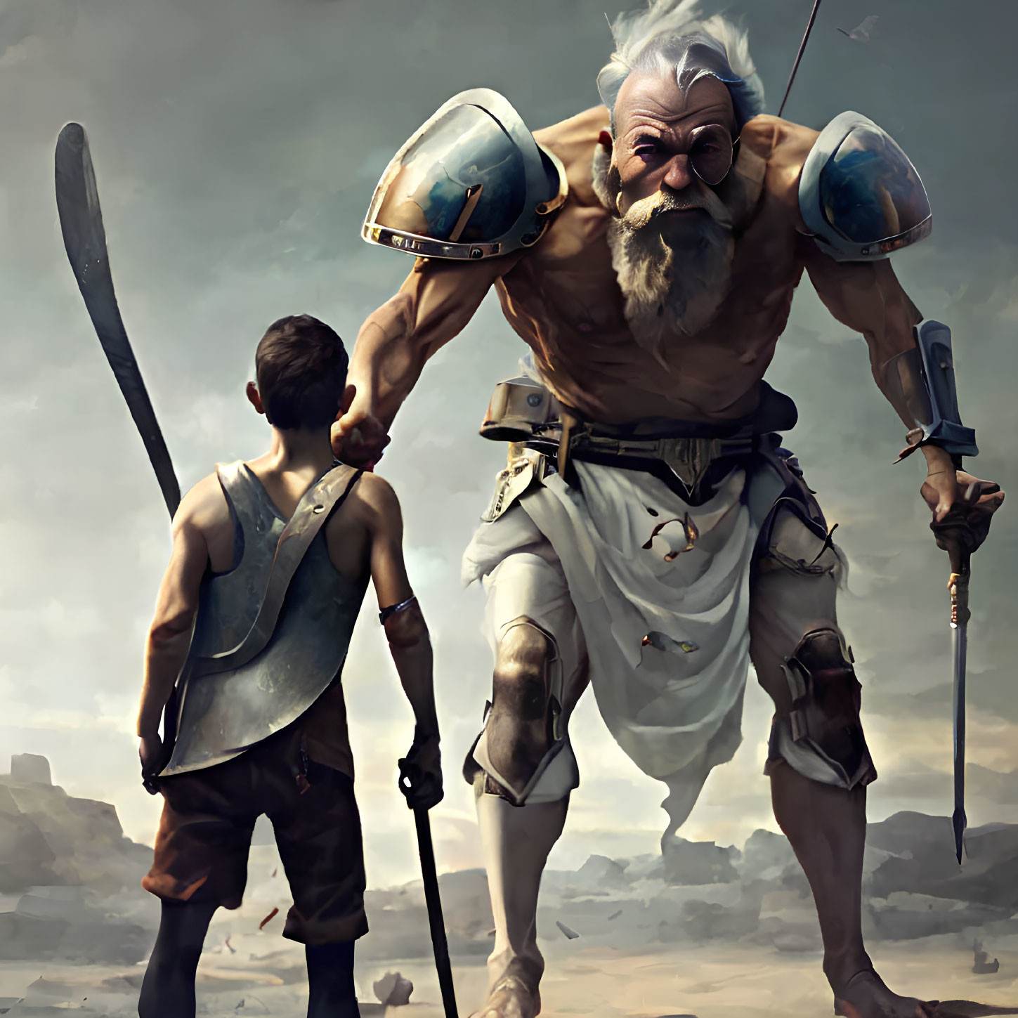 Elderly warrior with white beard and young boy on gritty battlefield
