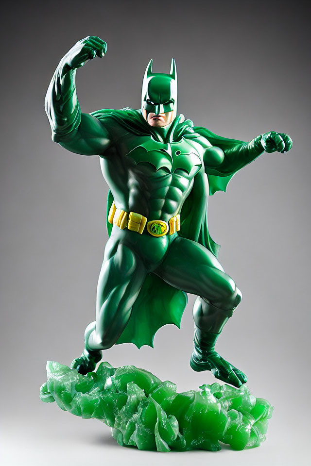 Colorful Batman statue in classic grey suit with green accents on crystal base