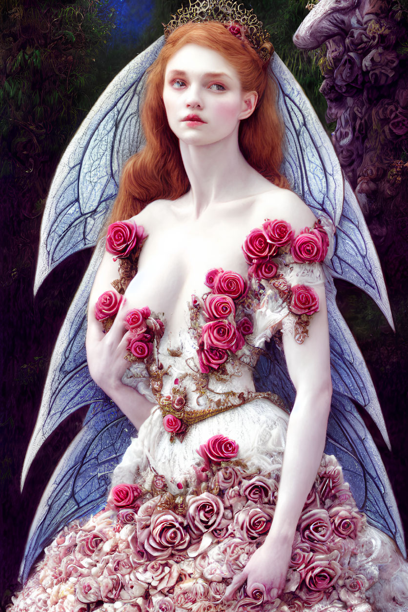 Woman with butterfly wings, crown, pink roses in fairytale image