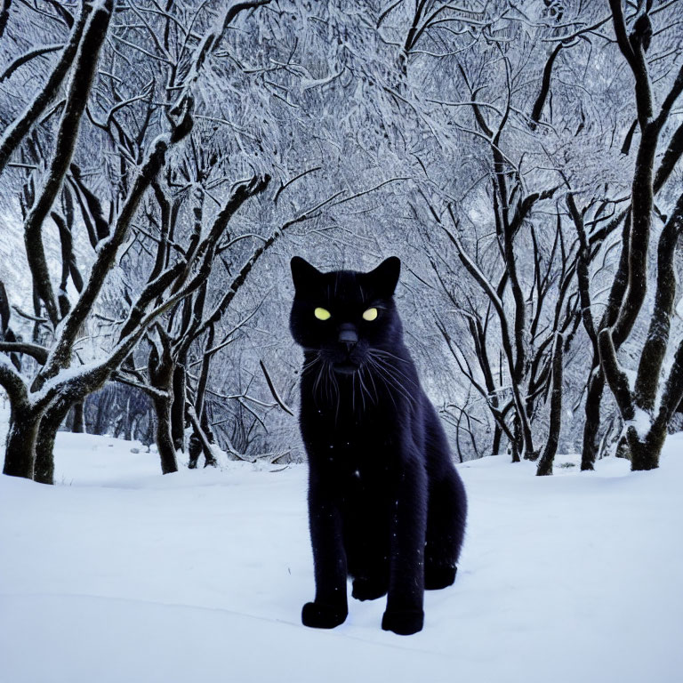 Black Cat with Yellow Eyes in Snowy Forest Setting
