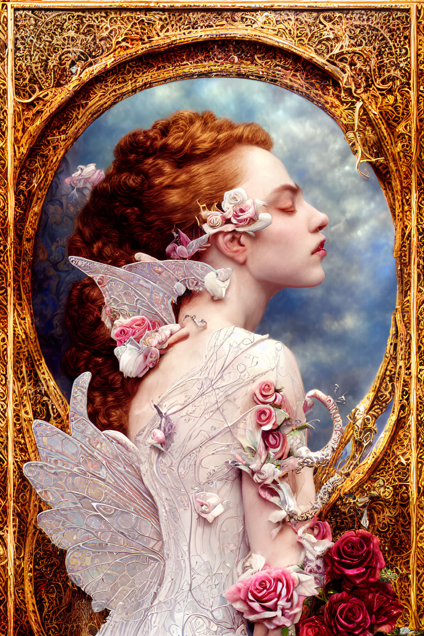 Red-haired woman with white flowers in ornate golden frame against cloudy sky.
