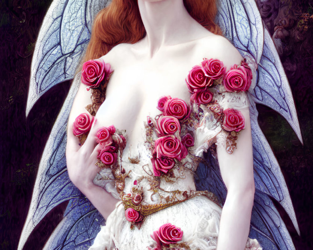 Woman with butterfly wings, crown, pink roses in fairytale image