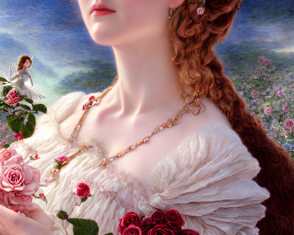 Detailed painting of woman in white dress with roses and winged fairy in rose garden under blue sky