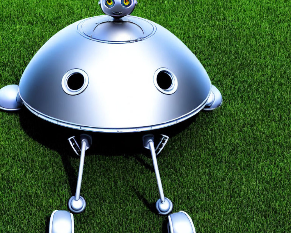 Silver cartoon-style robot with dome body and big eyes on lush green lawn