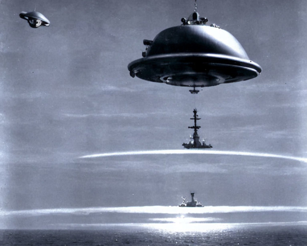 Monochrome picture: Two flying saucers over naval ship, one firing beam at sea