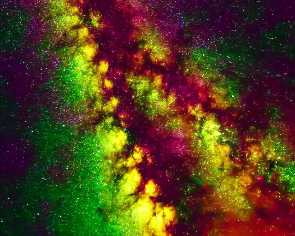 Multicolored Nebula with Swirling Green, Purple, Yellow, and Red Hues