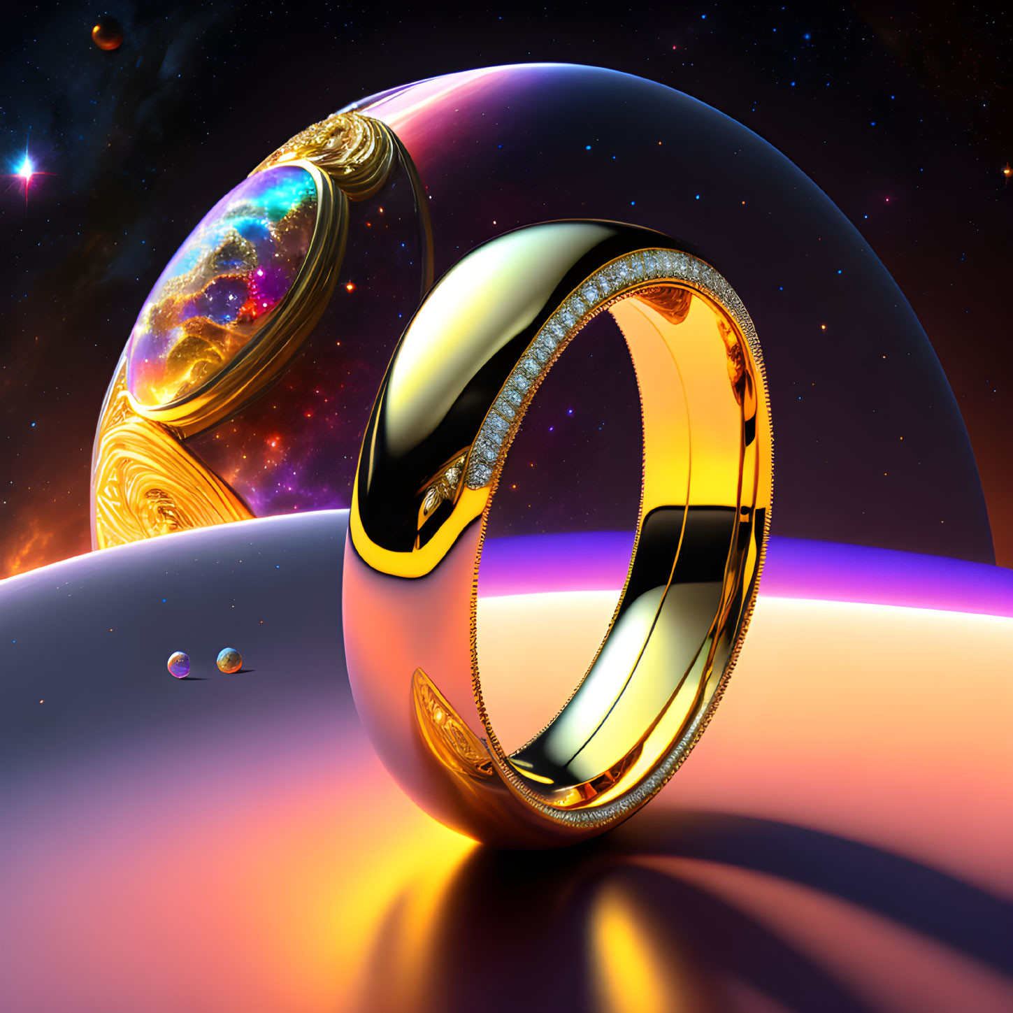 Surreal metallic rings over colorful alien landscape with cosmic backdrop