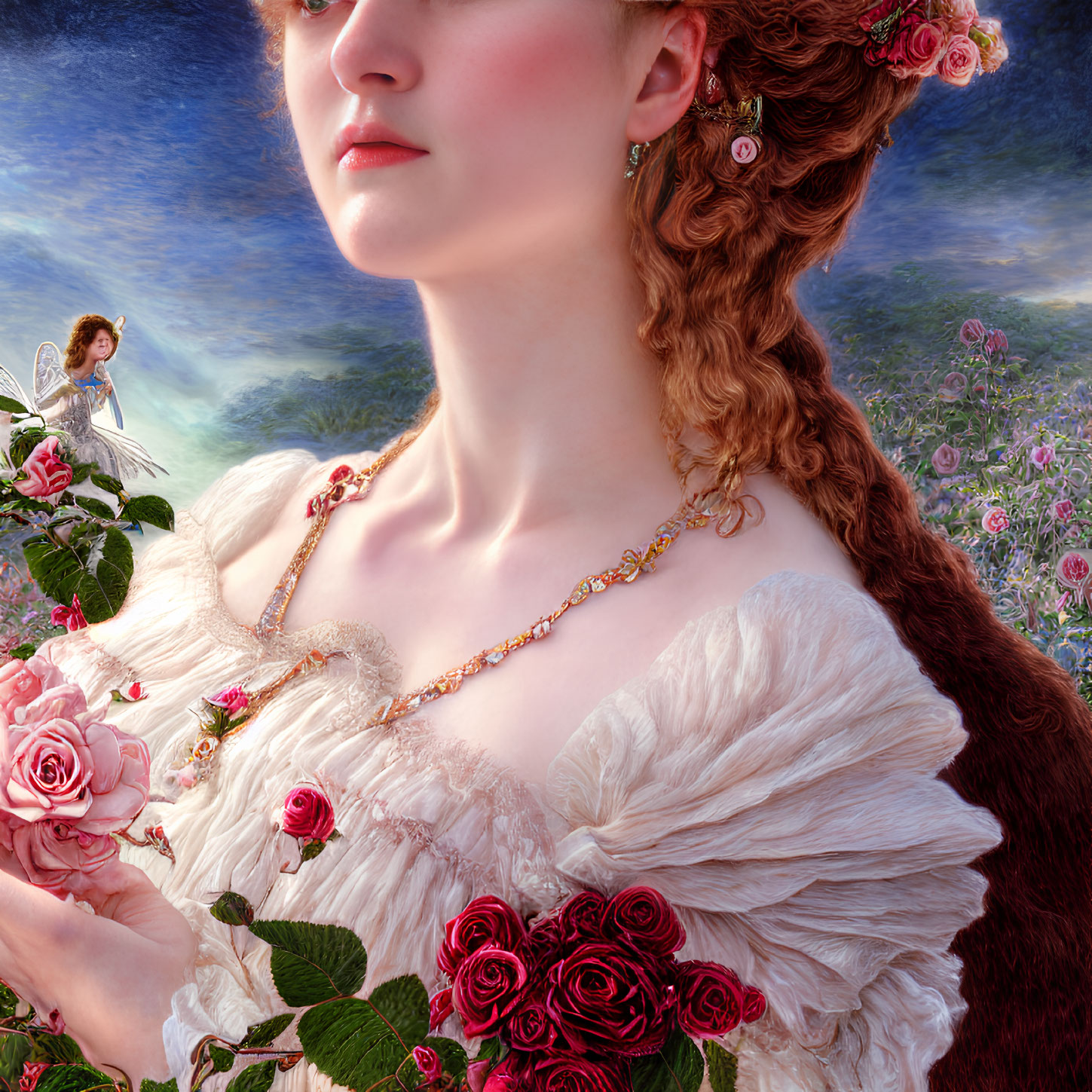 Detailed painting of woman in white dress with roses and winged fairy in rose garden under blue sky