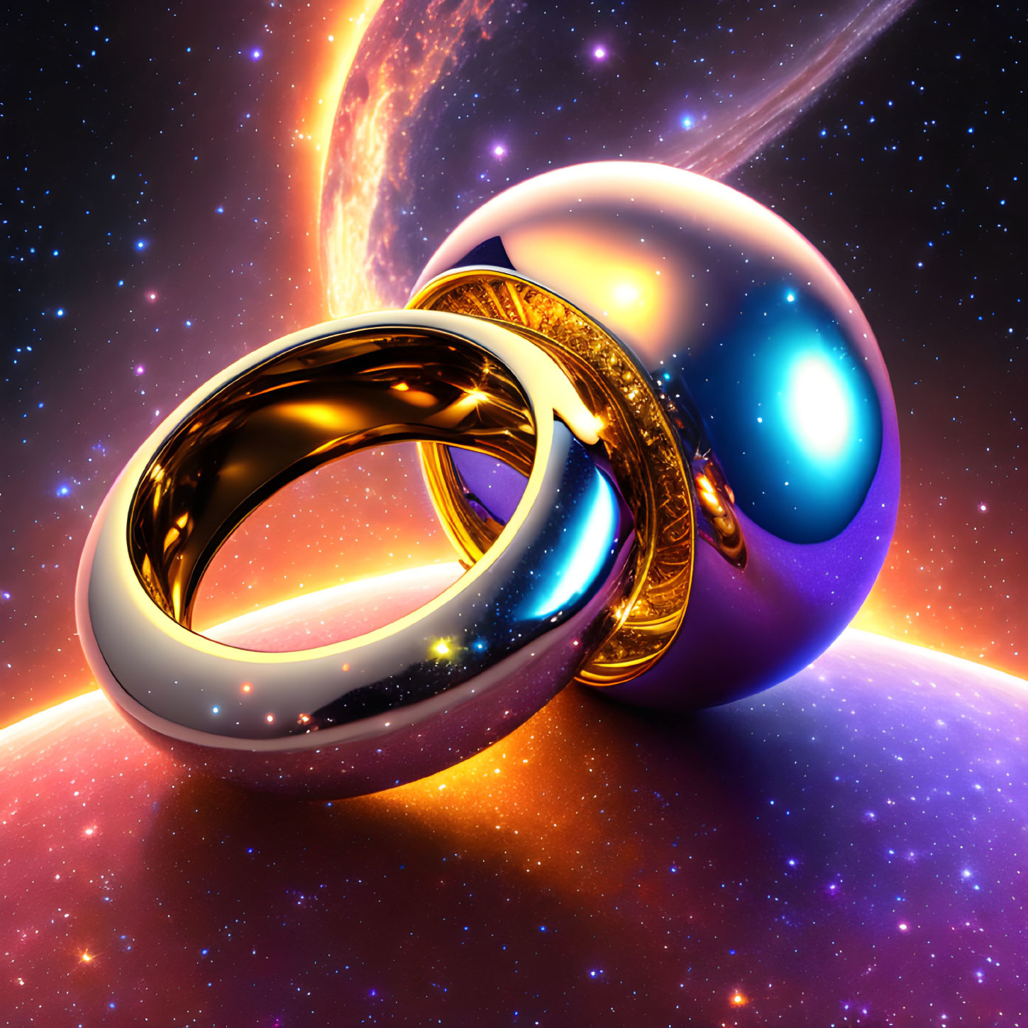 Ornate golden rings on cosmic background with vibrant colors