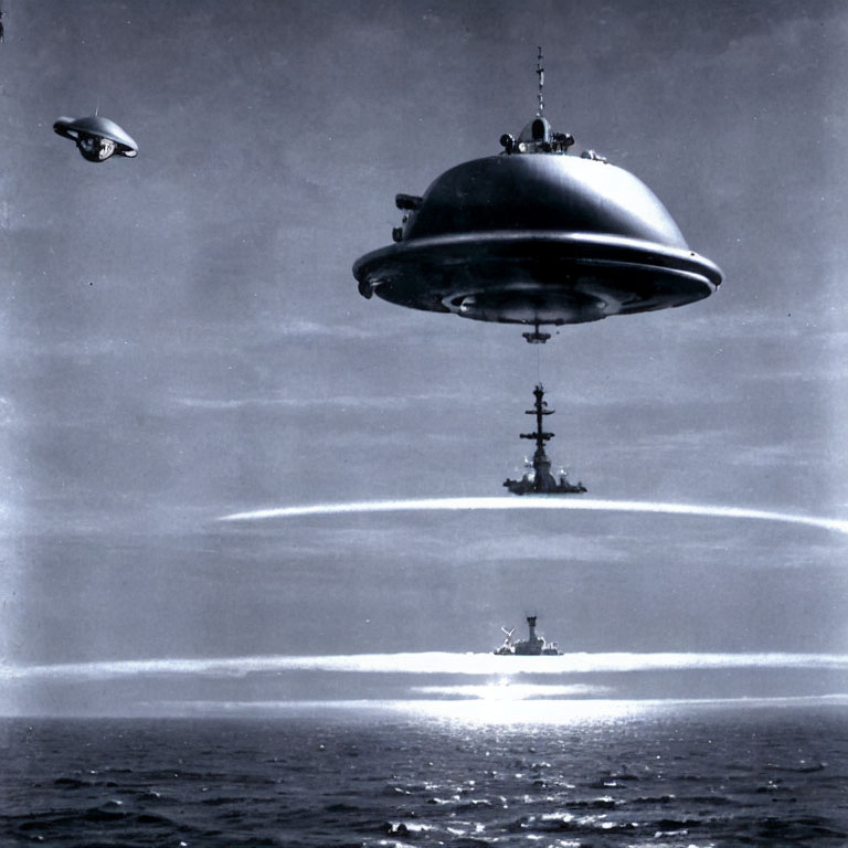 Monochrome picture: Two flying saucers over naval ship, one firing beam at sea