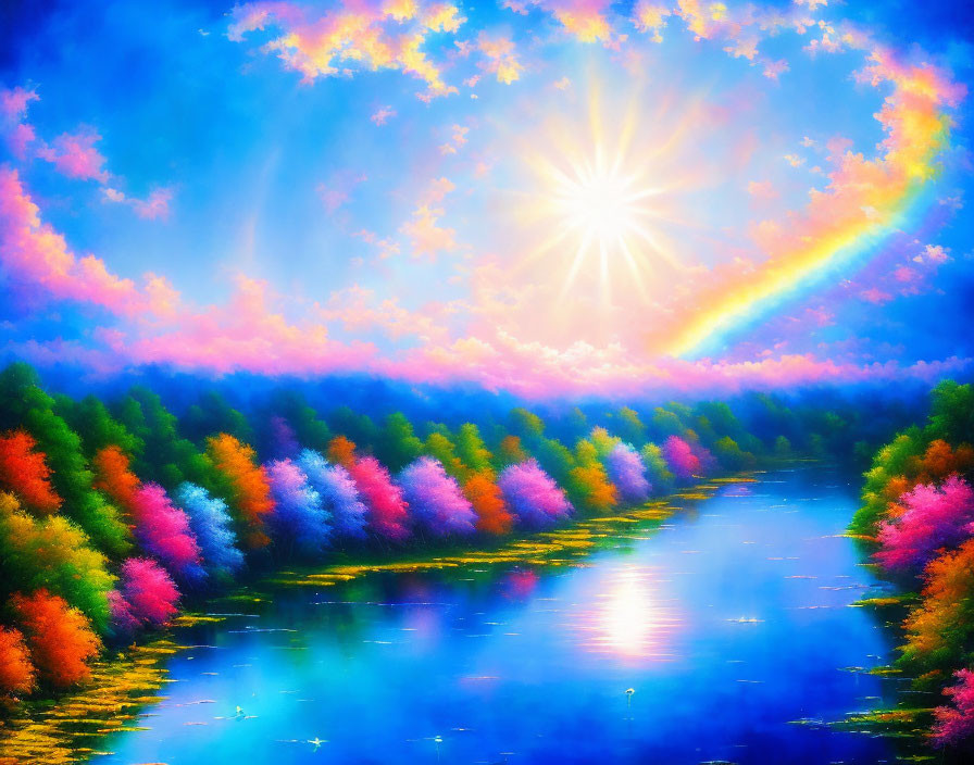 Colorful digital painting of blooming trees by a river under a bright sun