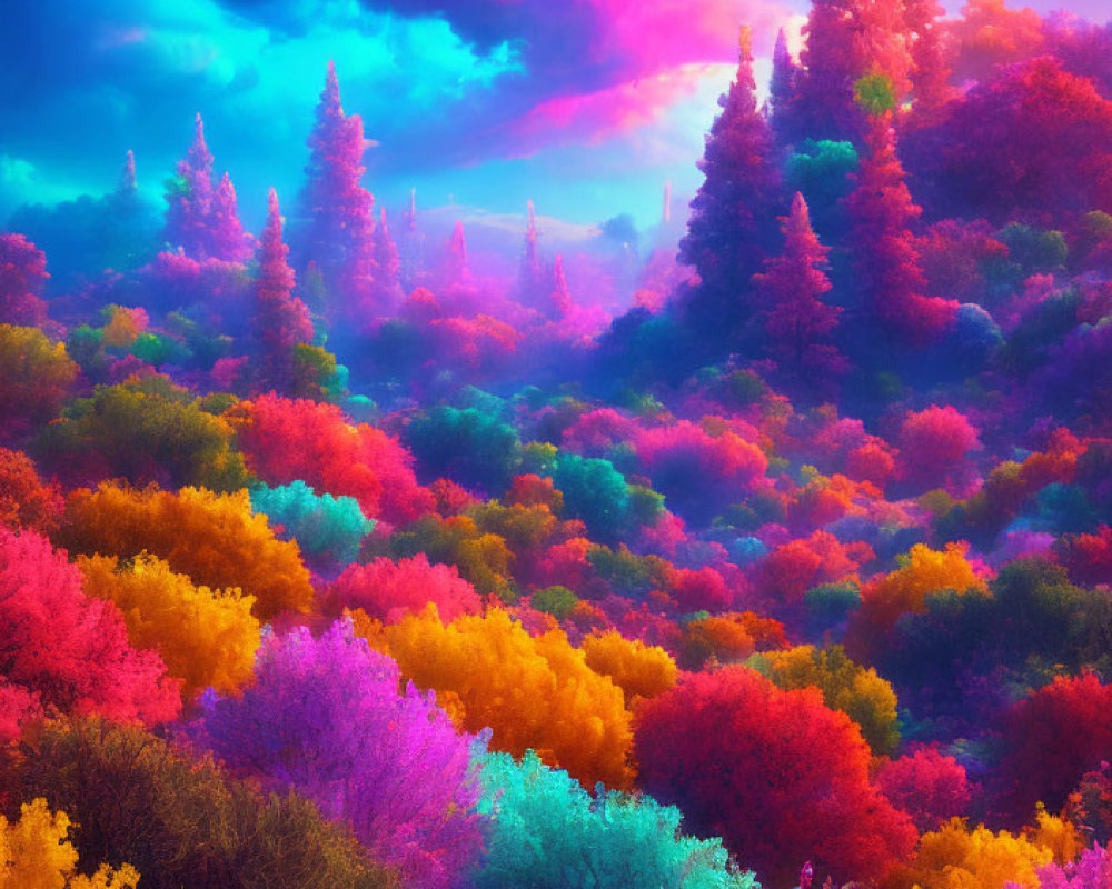 Colorful Forest Landscape with Surreal Sky and People Walking