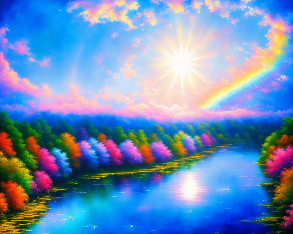 Colorful digital painting of blooming trees by a river under a bright sun