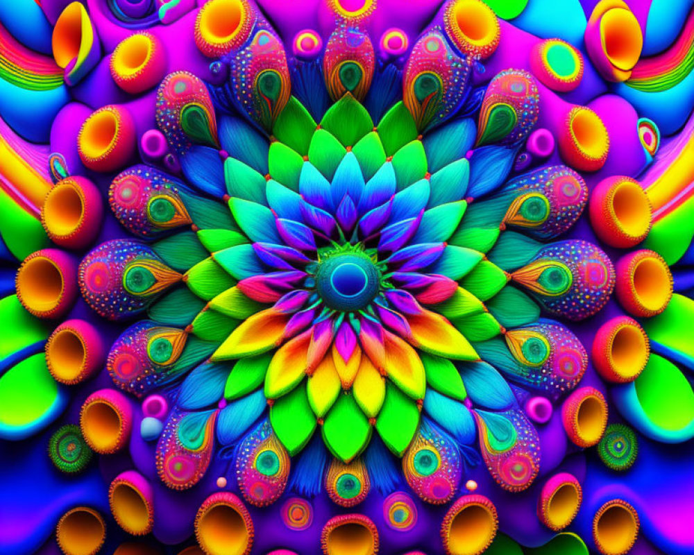 Symmetrical kaleidoscopic pattern with multicolored petals on neon background