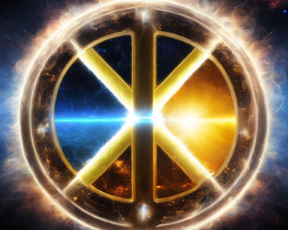 Colorful cosmic symbol with four sections in blue and gold, surrounded by celestial fire on starry background