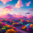 Multicolored forest canopy under pink sunset sky