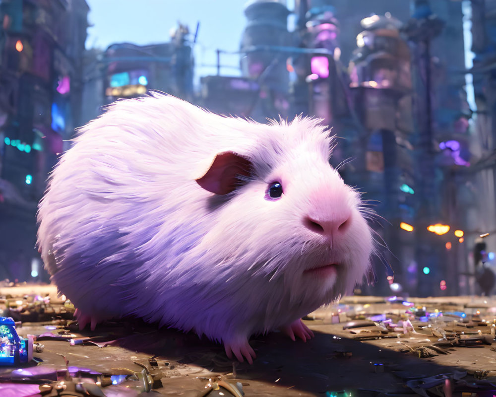 Fluffy white guinea pig in futuristic urban alleyway at twilight