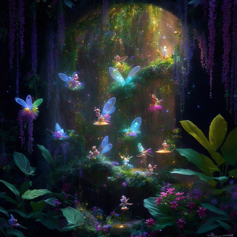 Enchanted forest night scene with glowing flowers and fairies in lush greenery